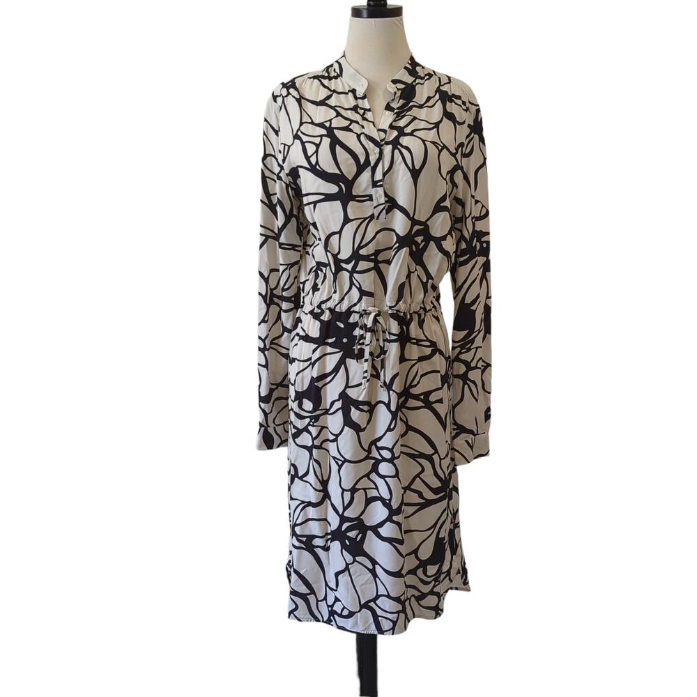 0039 Italy Womens Black White Shirt Dress‎ Viscose Tie Waist Cinch Size XS